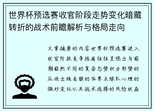 世界杯预选赛收官阶段走势变化暗藏转折的战术前瞻解析与格局走向
